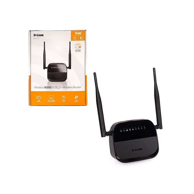 ADSL2 MODEM+ROUTER+4PORT+ACCESSPOINT WIRELESS-N 300Mbps D-LINK DSL-124+FILTER BLACK ,ADSL Routers