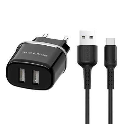 CHARGER USB TYPE-C BOROFONE 2 PORT AUTO-ID FOR SMARTPHONE BA25A -2.4A شاحن مخرجين مع كبل تايب سي ,Smartphones & Tab Chargers
