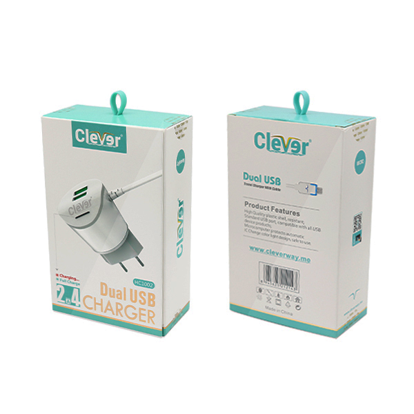 CHARGER CLEVER USB 2 PORT FOR SMARTPHONE HC-1002 DC 5V-2.4A شاحن مخرجين مع كبل مدمج ايفون ,Smartphones & Tab Chargers