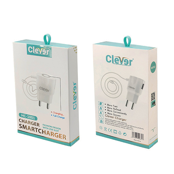 CHARGER CLEVER USB 1 PORT FOR SMARTPHONE HC-1001 DC 5V-1.2A شاحن مخرج واحد مع كبل مدمج ايفون ,Smartphones & Tab Chargers