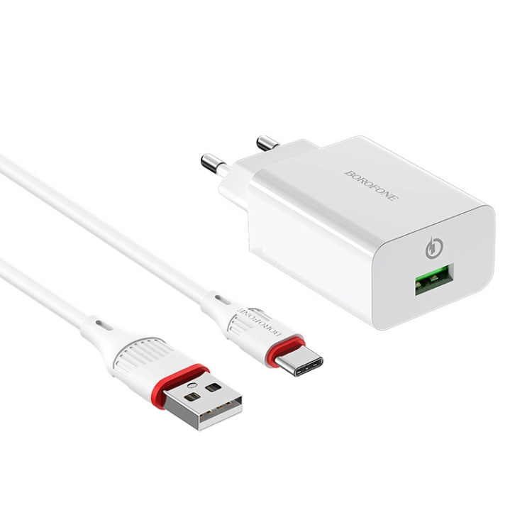 CHARGER BOROFONE QUALCOMM 1 USB FOR MOBILE&TAB ANDROID 3A BA21A - راسيه شحن سريع مع كبل تايب سي ,Smartphones & Tab Chargers