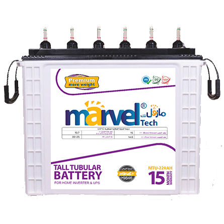 BATTERY MARVEL TUBULAR  MTU220 12V/220Aسائله هنديه 
 كفاله سنه ينصح بشحن البطاريه بشكل كامل قبل الاستخدام انبوبيه ,Batteries